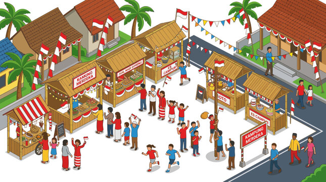 Isometric Indonesian traditional street market during festival