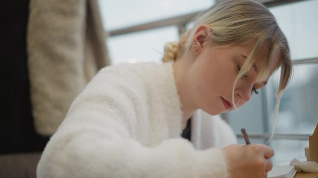 Young girl leans forward at desk, writing with pen near bright window light, hair falling toward face as she concentrates on schoolwork in quiet indoor setting with calm, natural mood