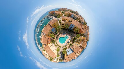 Naklejka premium Little planet 360 degree panoramic view of a Mediterranean marina resort with a central swimming pool and colorful buildings