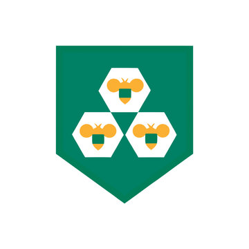 Green shield icon with honeycombs and bees design, honeycomb