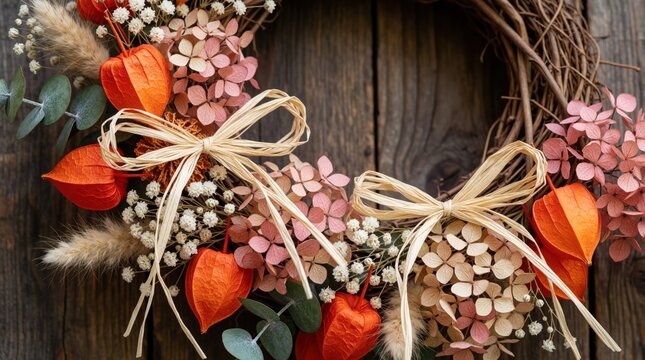 Rustic autumn wreath crafted with dried flowers, orange Chinese lanterns, and raffia bows adorns a weathered wooden surface. Natural autumnal decor arrangement with textural elements.