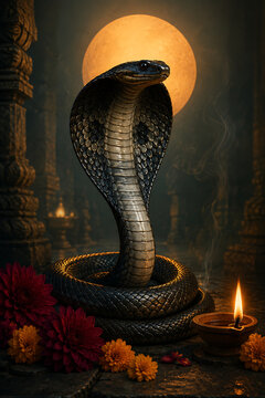 Majestic black cobra snake resting inside ancient temple illuminated by full moon representing mahadev energy during holy nag panchami religious spiritual night