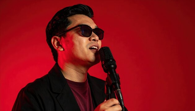 Professional singer performing passionately with microphone on dramatic red background under cinematic spotlight, live music entertainment, high energy performance, commercial advertising concept
