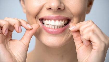 Fototapeta premium Woman cleaning teeth with dental floss, dental care routine