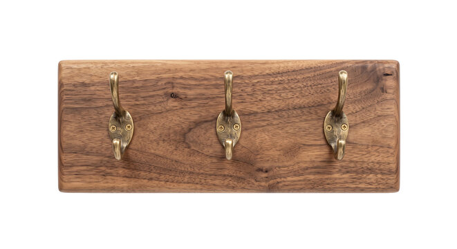 Rustic wooden coat rack with three antique brass hooks for entryway organization