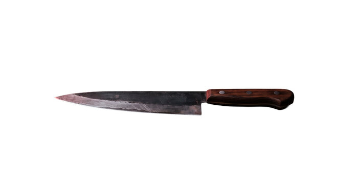 Vintage chef's knife with a worn wooden handle and a sharp steel blade