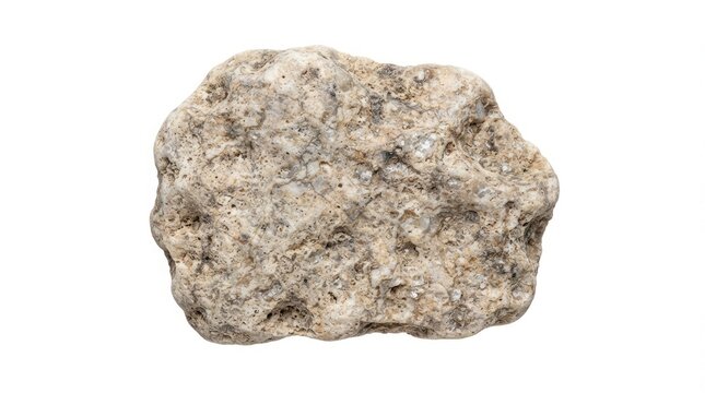 A rough, lightcolored sedimentary rock or pebble with a textured surface, isolated on white background