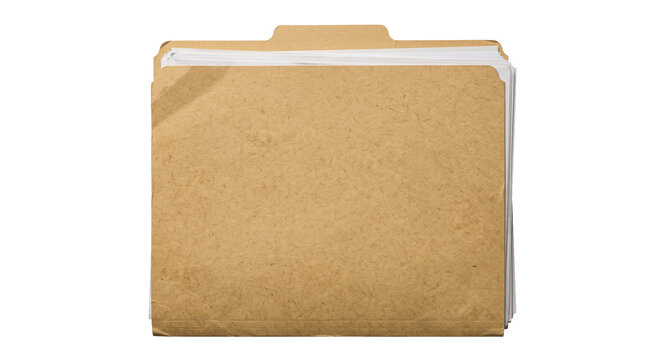 A thick manila folder filled with white paper documents on a white background