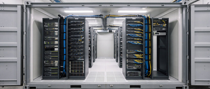 Modern data center server room with network racks and organized ethernet cabling in modular container
