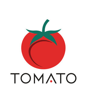 A minimalist logo in the form of a red tomato with a green stem.