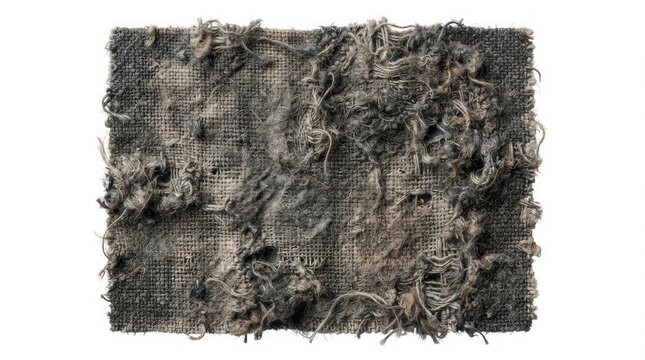 Closeup of a heavily worn and frayed piece of dark grey burlap fabric with loose threads and damaged texture isolated on white background