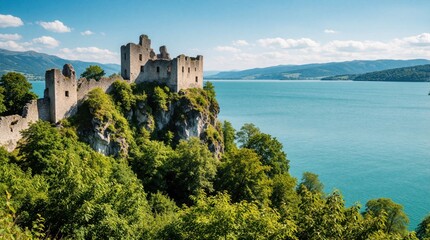 Naklejka premium Ancient stone castle ruins perch on a cliff overlooking a vast turquoise lake. Lush green forest covers the surrounding hills under a clear blue sky with fluffy white clouds.