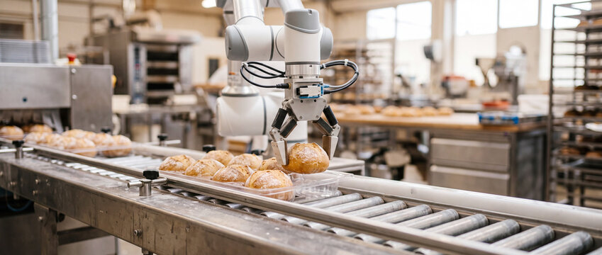 Robotic arm picking fresh bread on conveyor in automated industrial bakery production line