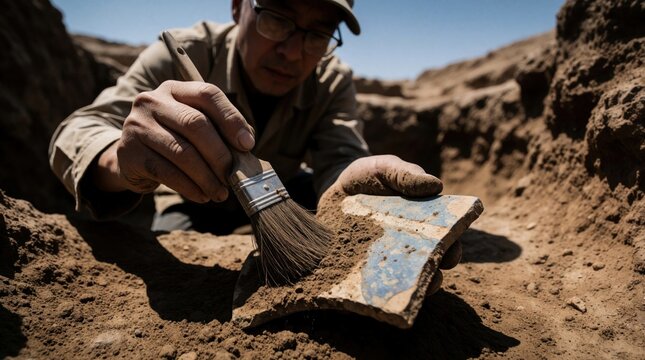 Archaeologist carefully cleans ancient pottery shard found in dirt trench. Scientist uncovers history with brush. Discovering old relic during dig site exploration.