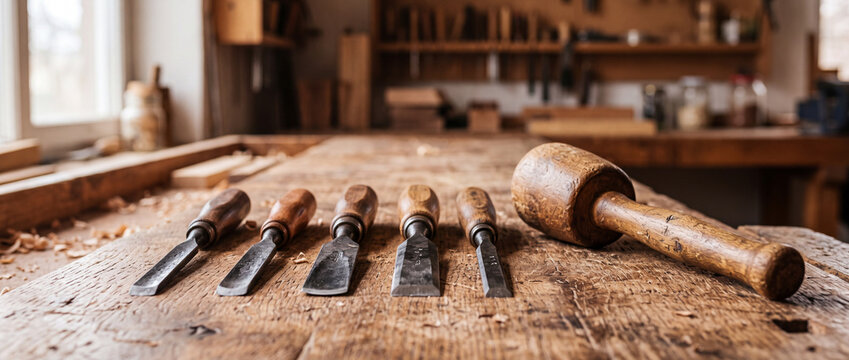 Woodworking chisels and wooden mallet on rustic workbench in handcrafted carpentry workshop