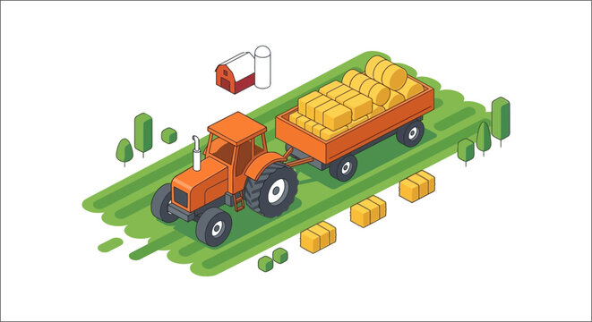 Isometric vector illustration depicts an orange tractor pulling a trailer loaded with hay bales on a green field