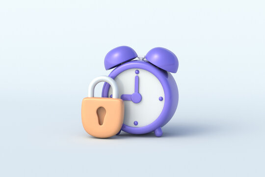 Temporarily blocking access to data. Scheduled protection. Limited validity time of password. Expiration date of safety. Long-term confidentiality. Alarm clock beside padlock. 3d render