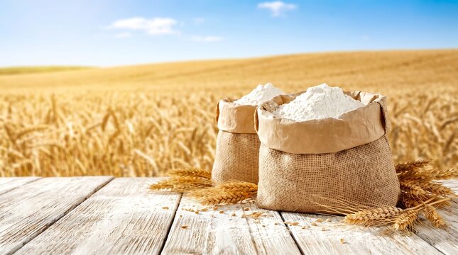 Burlap sacks of wheat flour on wooden table against golden wheat field background