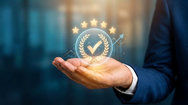Businessman holding a five star quality rating hologram for customer service excellence