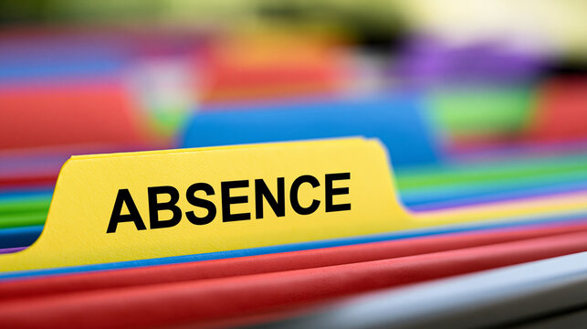 Colorful hanging file folders with an Absence label in an office drawer. Ideal for human resources and attendance.