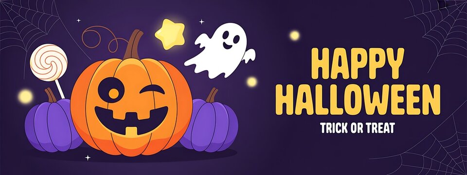 Happy halloween banner design with a cute winking pumpkin ghost and stars on a dark purple background