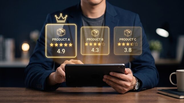 Ecommerce product comparison dashboard showing customer ratings, review scores, best seller selection and buying decisions for online shopping and retail marketing