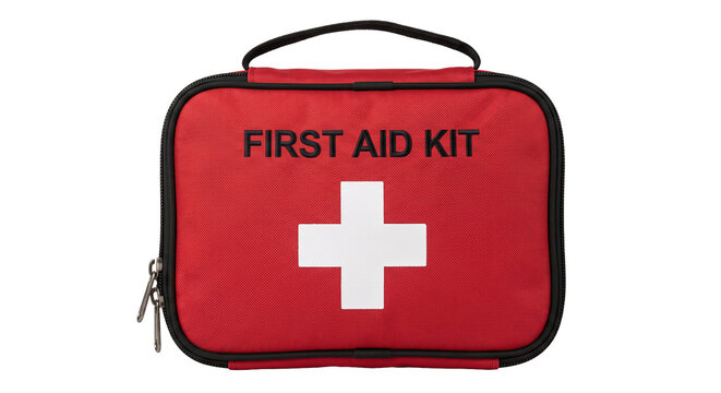 Compact red first aid kit with white cross symbol and carrying handle