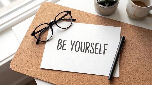 Be Yourself motivational quote on paper with glasses and pen on a cork desk surface