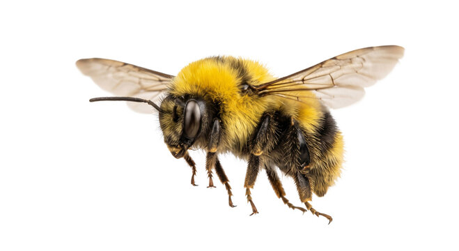 Close-up macro shot of a fuzzy bumblebee in flight with transparent wings and yellow and black stripes