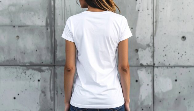 Woman wearing blank white t-shirt standing outdoors near concrete wall, back view mockup, apparel branding concept