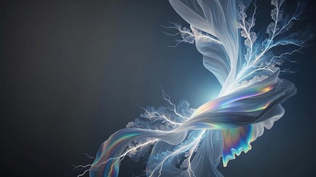 Ethereal iridescent jellyfish forms flow in organic style on a dark blue background, evoking mystery, motion, and wonder