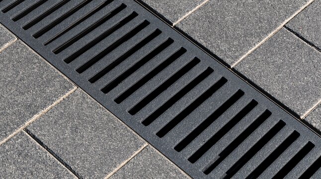 Linear drainage grate on grey stone pavement
