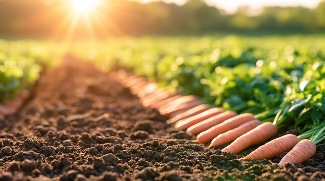 Row of harvested carrots on dark soil in agricultural field during sunset