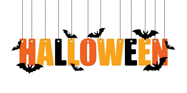 Colorful halloween text hanging from strings with decorative black bats on a clean white background
