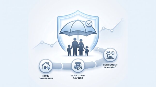 Family insurance protection concept with umbrella shield and financial planning icons