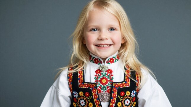 Blond girl in colorful Norwegian bunad costume smiles happily. Traditional folk dress from Scandinavia features floral embroidery, silver brooches. Young female represents cultural heritage, national