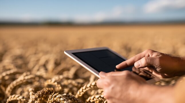 Close up of hands holding tablet in ripe wheat field