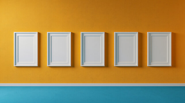 Five empty picture frames on a vibrant yellow wall. Perfect for art gallery mockup presentation.