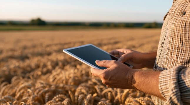 Close up farmer hands using digital tablet in wheat field