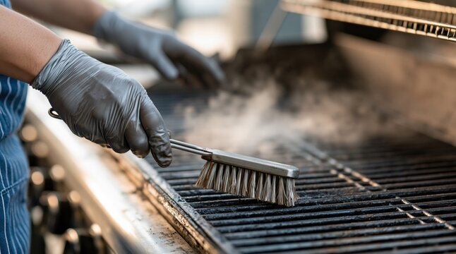 Hands in gloves cleaning hot grill with metal brush