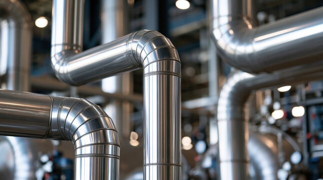 Close up of shiny industrial stainless steel pipes in factory interior