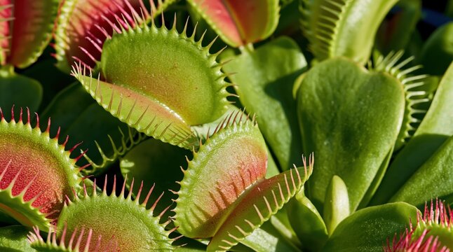 Close up of venus flytrap carnivorous plants with open traps and sharp spines