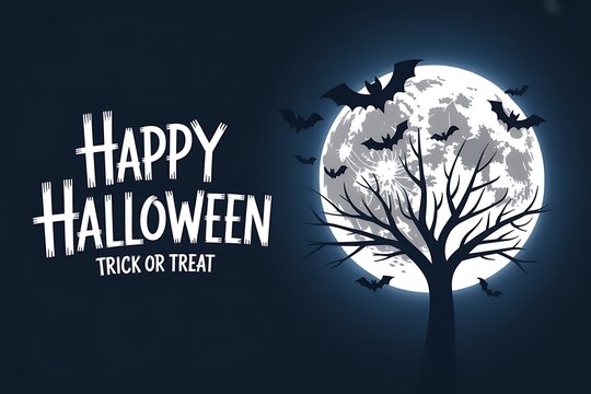 Happy halloween greeting card design with a spooky tree silhouette against a large glowing full moon background