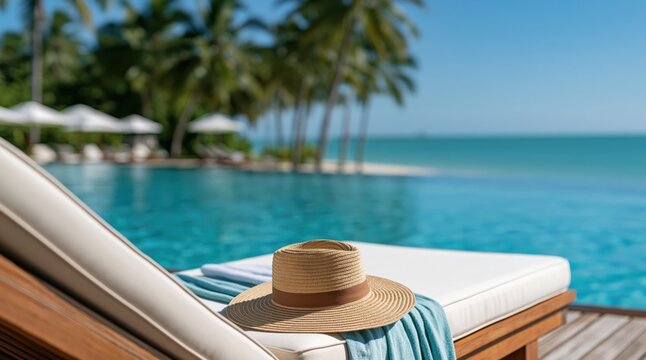 Straw hat and blue towel on sunbed by infinity pool with ocean view