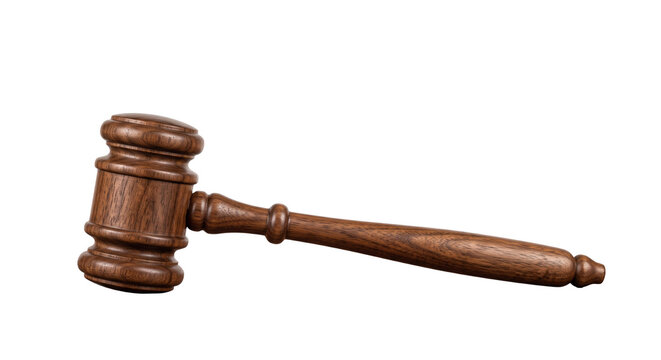 Wooden gavel resting on a white background, symbolizing justice and legal proceedings