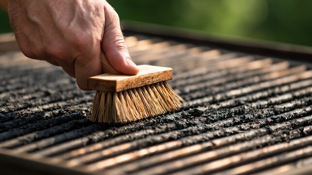 Hand cleaning dirty barbecue grill grate with wooden brush