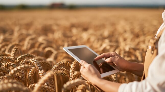 Close up of farmer hands using digital tablet in wheat field