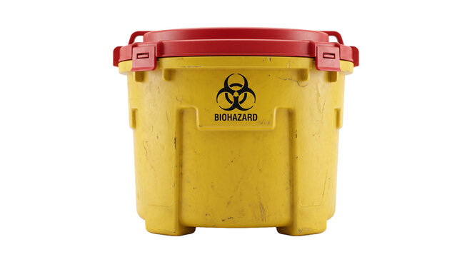 Yellow biohazard waste container with red lid and biohazard symbol