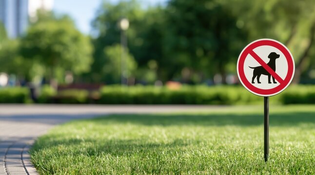 No dogs allowed sign on green lawn in public park