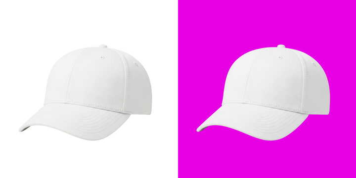 Blank white baseball cap headwear mockup on split screen png
